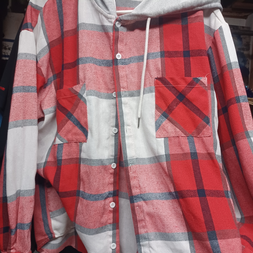 SHEIN Red Plaid Button Down Shirt with Hood